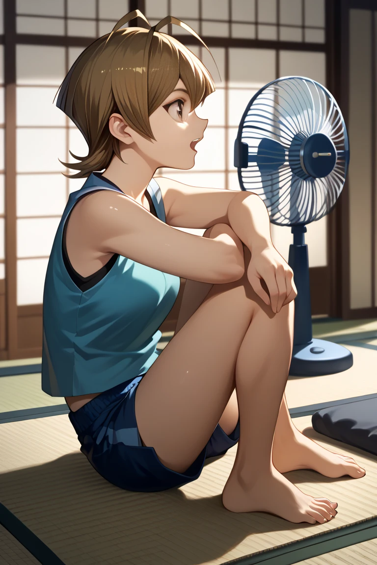 ,1girl, solo, short hair, electric fan, barefoot, shorts, sitting, brown hair, antenna hair, profile, open mouth, blue shorts, Alexis Rhodes, black hair, tatami, short shorts, wariza, sleeveless