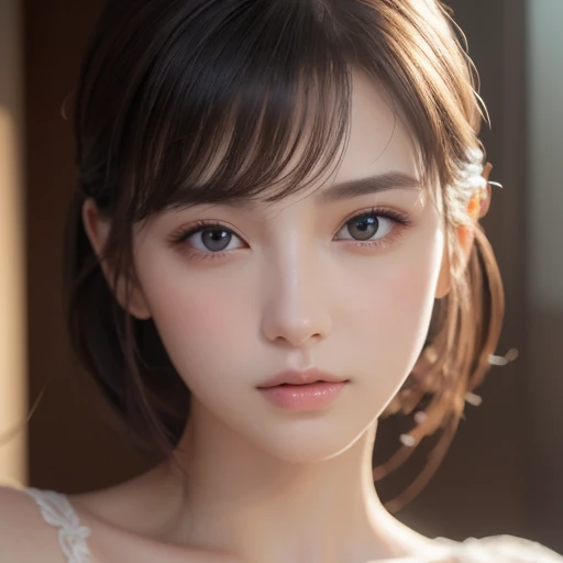 Highest quality, , Soft Light, Ultra-high resolution, (Realistic:1.4), RAW Photos, 1 Swedish girl, alone, The face is small,Baby Face、 Sexy pose、Short and busty、(A shy smile:0.5), (Brown eyes, Light in your eyes), (Updo)
