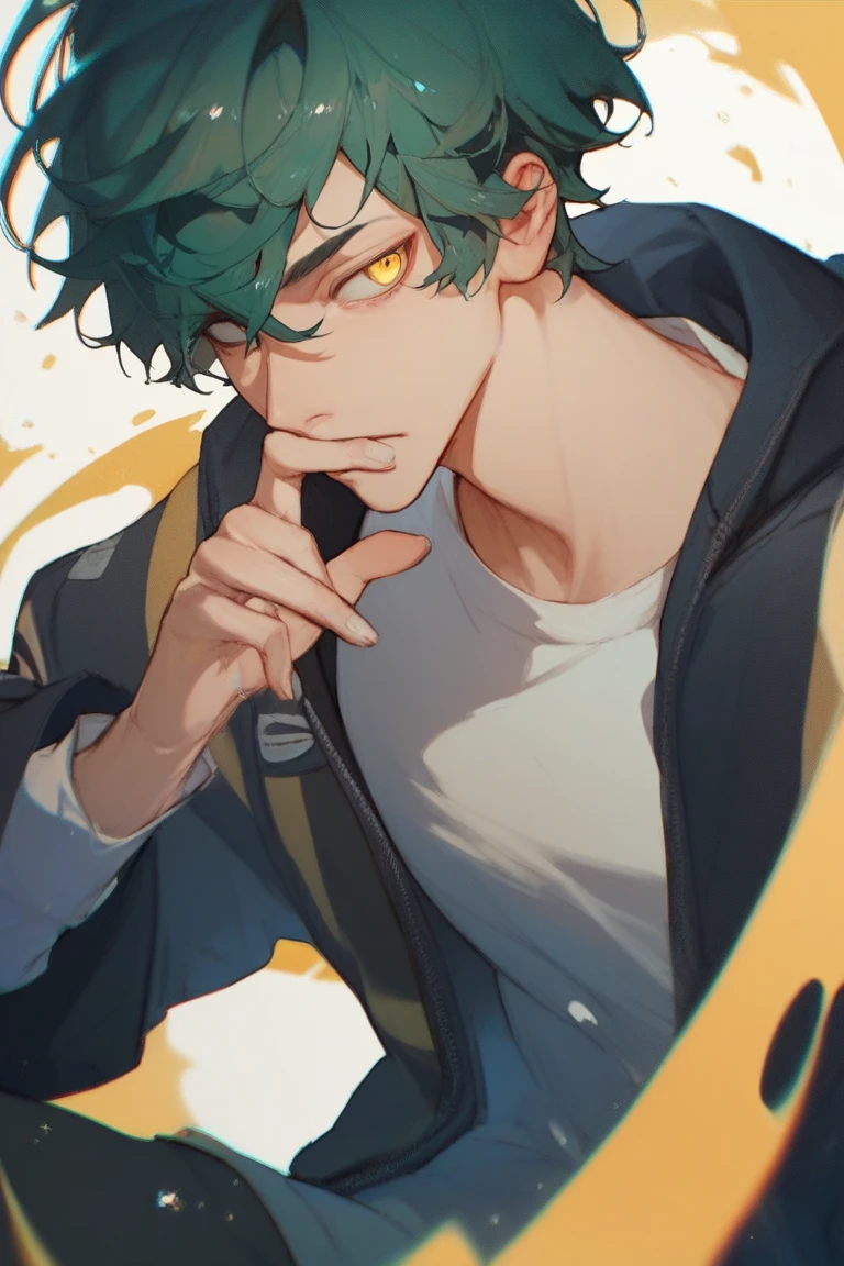 A young man with Green hair, green eyes, a black hoodie stood with his back turned half-face smoking a cigarette in his room at night.