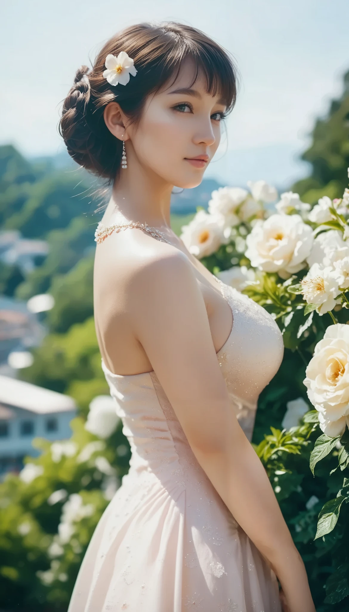 Myanmar girl A voluptuous, shapely bust Myanmar Dress Highly detailed flower painting , side shot , Banner written with Soft Lighting Glow Effect , Cinematic Look , beautiful hair,