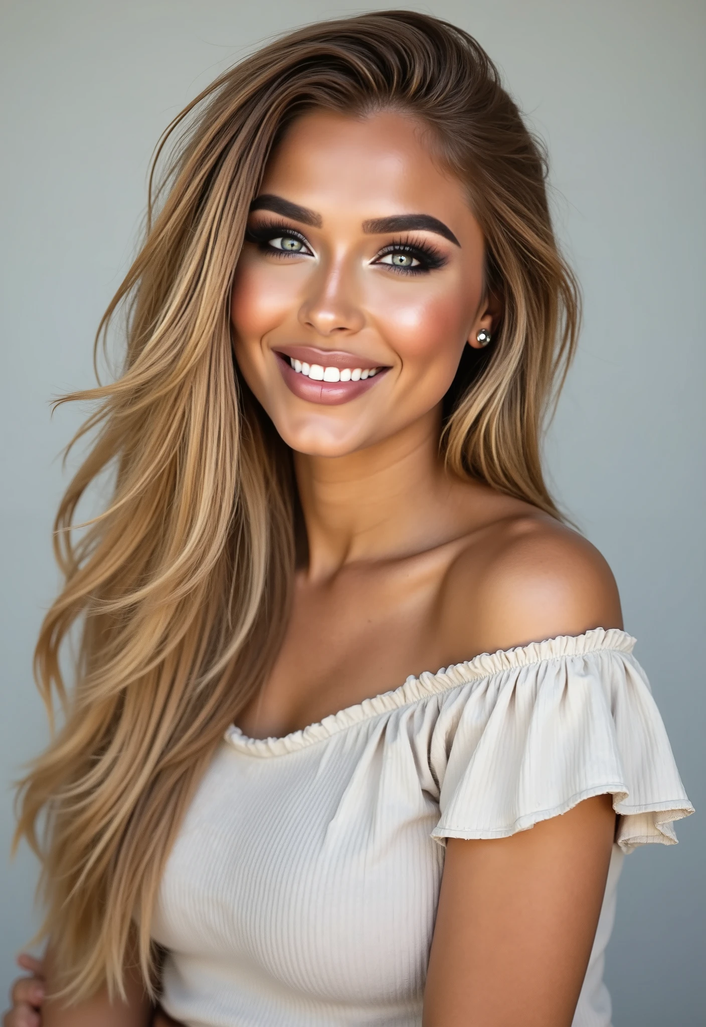 photo of a woman, heavy makeup, long blonde hair, high quality, smiling, wearing a casual outfit, yearbook photo, side profile