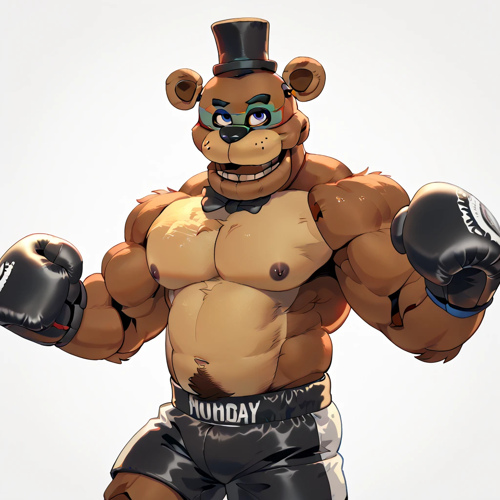 antropopomorphic , good anatomy, maduro, (muscular, bíceps, musclegut), (Freddy Fazbear (fnaf), brown fur), (black and white boxing shorts, sombrero de copa negro, black boxing gloves) , (fighting pose)