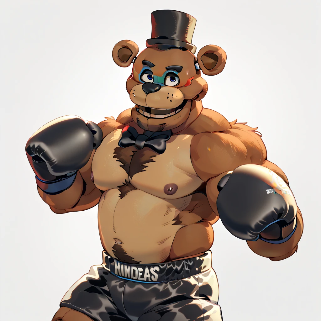 antropopomorphic , good anatomy, maduro, (muscular, bíceps, musclegut), (Freddy Fazbear (fnaf), brown fur), (black and white boxing shorts, sombrero de copa negro, black boxing gloves) , (fighting pose)