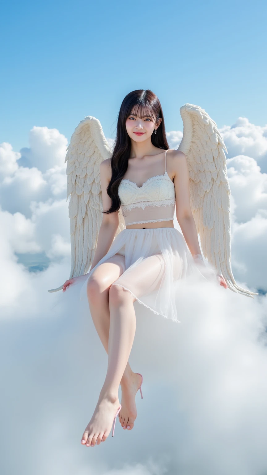 (tops:1.6),,(jumping:1.5),floating in the air,surreal, Angel, (transparent clothes 1.3),,Fair skin, The jacket hides the stomach,(wings that cover the body:1.9),, the wings pierce through the clothes,cover your face with your hands、(Pale light envelops the whole body:1.6)、cheese,church,Angelの絵が飾ってある,rosary,White monastic vestments:1.4,white long skirt,veil,beautiful face,(Lower body focus from directly below:1.2)movie scene