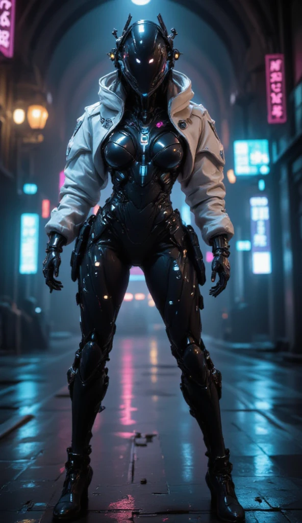 In the world of Warframe, Johanna de Armas emerges as a young woman, her form encased in a neon genesis evangelion style plugsuit, a testament to advanced futuristic exoskeletons. The exosuit, a fusion of futuristic baroque and rococo cyberpunk, is a marvel of design, featuring a white puffer jacket that adds a touch of elegance to her formidable appearance.
She stands in an opulent gothic cyber church, bathed in neon lights that cast dramatic shadows, emphasizing the off-center composition of the scene. The atmosphere is thick with the essence of retro cyberpunk art, reminiscent of the works by Keos Masons, and the painting style of Richard Gerstl, known for his vibrant expressionism and emotive, psychological intensity.
The street art and graffiti around her, with their vibrant colors and urban themes, reflect an 80's inspired synthwave aesthetic. The scene is a tapestry of neon, vibrant, and detailed elements that capture the essence of retro futurism. The shallow depth of field, vignette effect, and highly detailed rendering create a moody, epic atmosphere, reminiscent of a high-budget cinematic production.
The bokeh effect, cinemascope framing, and the addition of film grain give the image a grainy texture, enhancing its cinematic quality and adding to the overall gorgeousness of the scene. This is a world where technology and art collide, creating a visual spectacle that is both intense and beautiful.