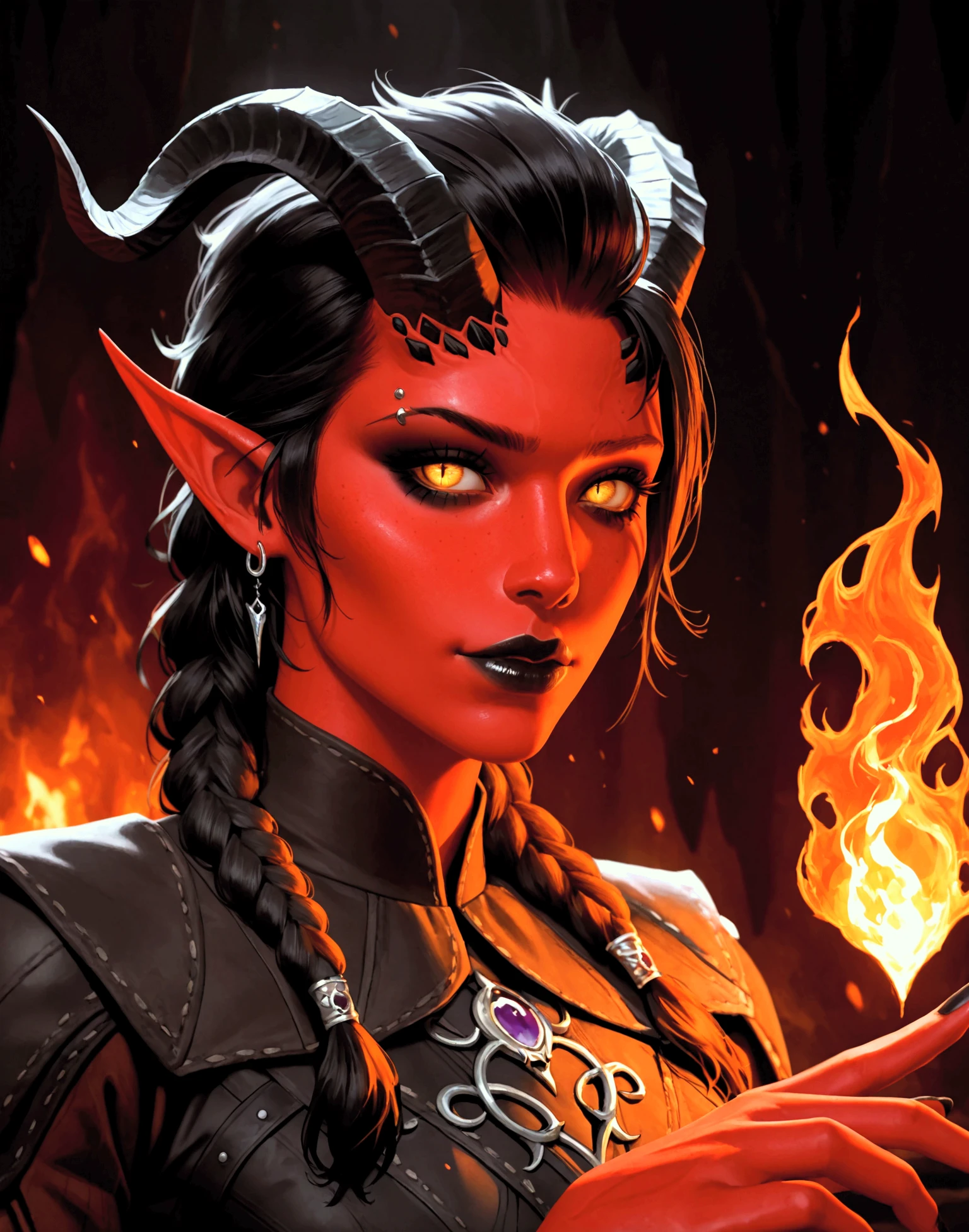  A young adult woman ,  red skin, Yellow Demon's Eyes,  black hair with small braids , fringe, nose and eyebrow piercing, silver earrings , black horns , Black Lipstick, black eyeliner, She wears tight black clothes,  perfect body,  Her hand has flames of fire , black nails,  she is in a dark cave . tiefling, Baldur's Gate 3