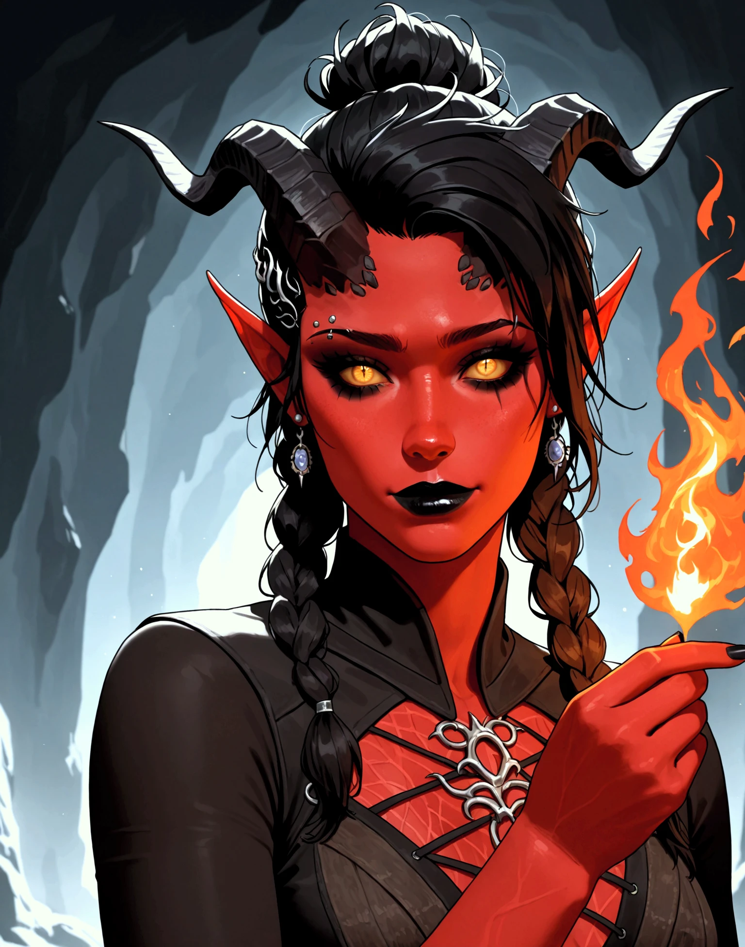  A young adult woman ,  red skin, Yellow Demon's Eyes,  black hair with small braids , fringe, nose and eyebrow piercing, silver earrings , black horns , Black Lipstick, black eyeliner, She wears tight black clothes,  perfect body,  Her hand has flames of fire , black nails,  she is in a dark cave . tiefling, Baldur's Gate 3