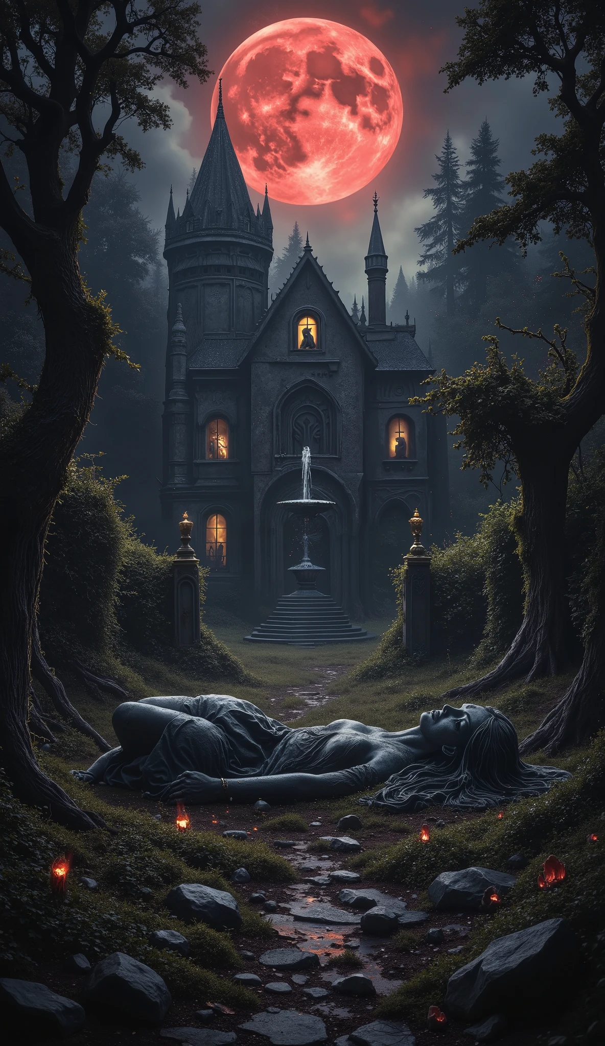 from above, a ruined palace deep in the pitch-black forest, a cursed goddess statue lying on its back near a withered fountain in the palace garden, gazing into the sky, its eyes glowing yellow in the moonlight, a huge red full moon, a dark horror fantasy