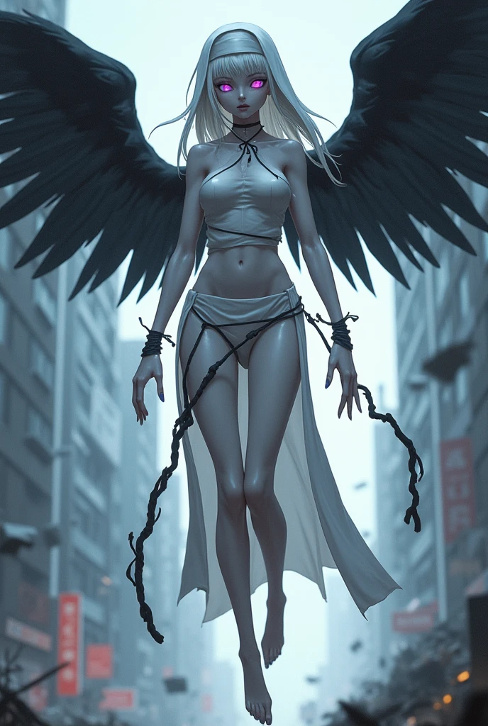 The image is anime style cowboy bebop and Darker than black with shadows and dim lights, anime style although somewhat adult and dark, It shows a single adult female angel of 2., with very long, wavy blonde hair and blue eyes, has two wings on its back. She is standing on a container in a city that has a big bridge, colossal that goes towards the sky. It&#39;s night, She is naked and standing sideways.