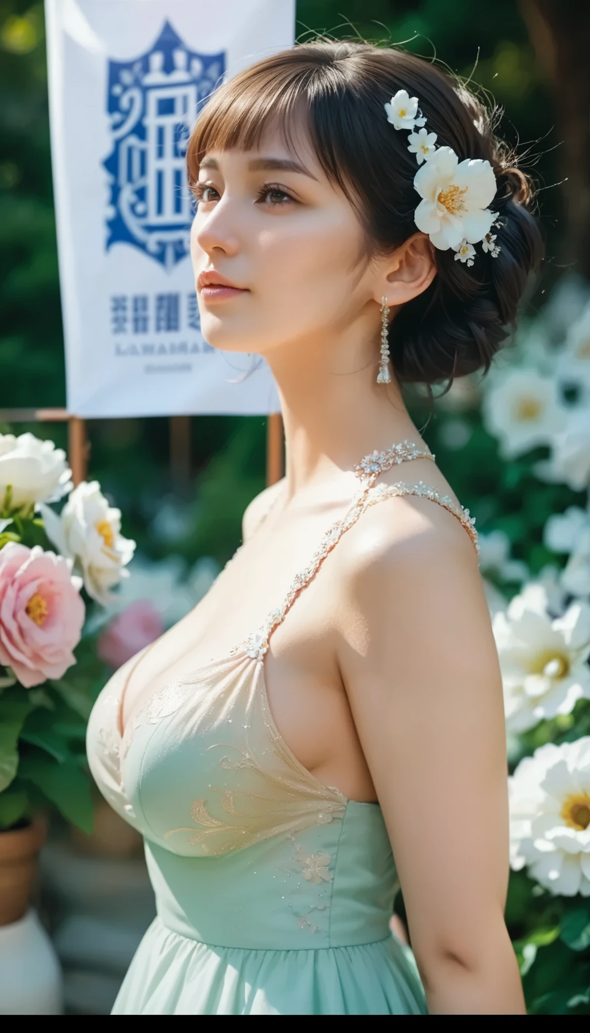 Myanmar girl A voluptuous, shapely bust Myanmar Dress Highly detailed flower painting , side shot , Banner written with Soft Lighting Glow Effect , Cinematic Look , beautiful hair,
