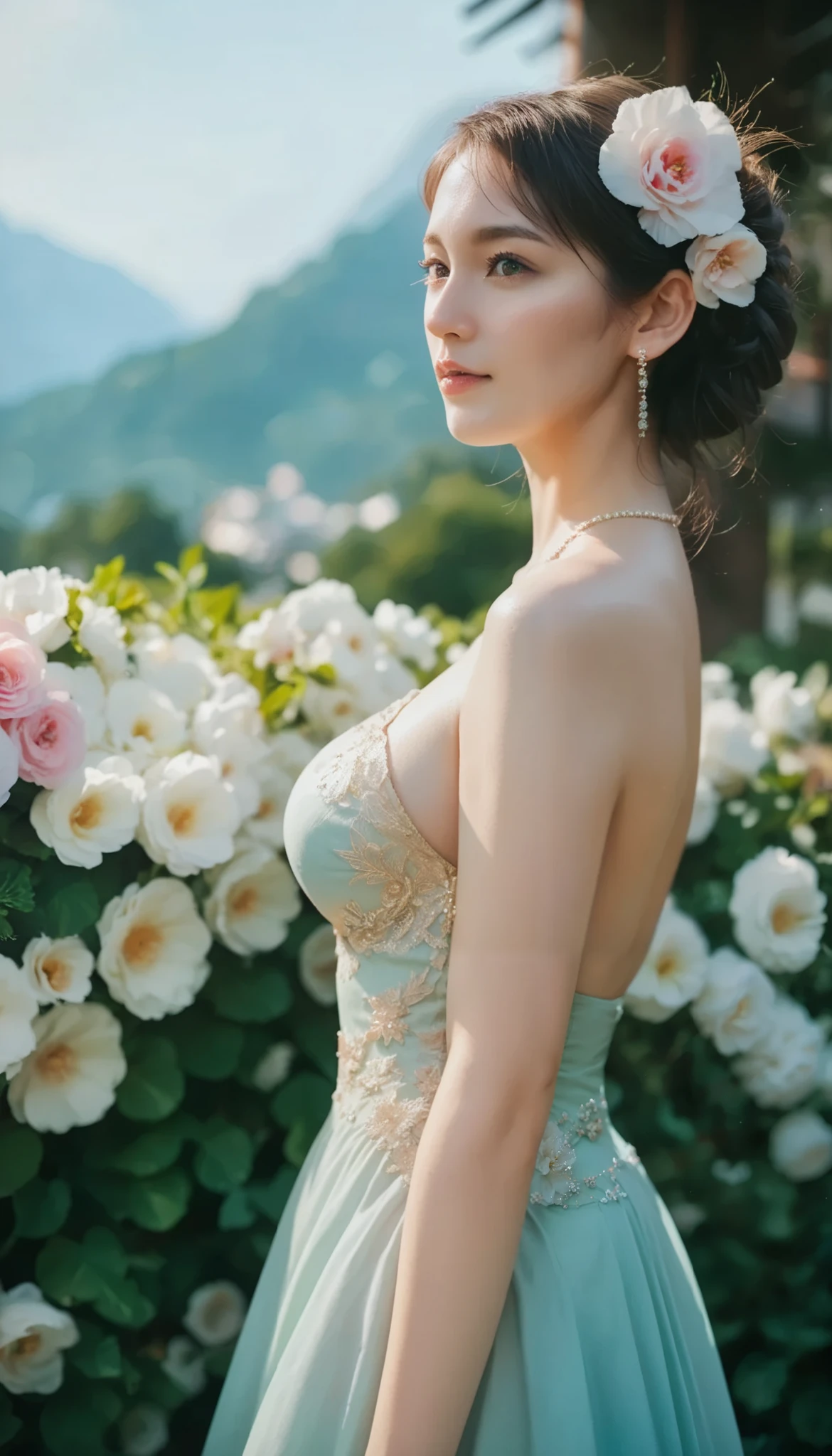 Myanmar girl A voluptuous, shapely bust Myanmar Dress Highly detailed flower painting , side shot , Banner written with Soft Lighting Glow Effect , Cinematic Look , beautiful hair,