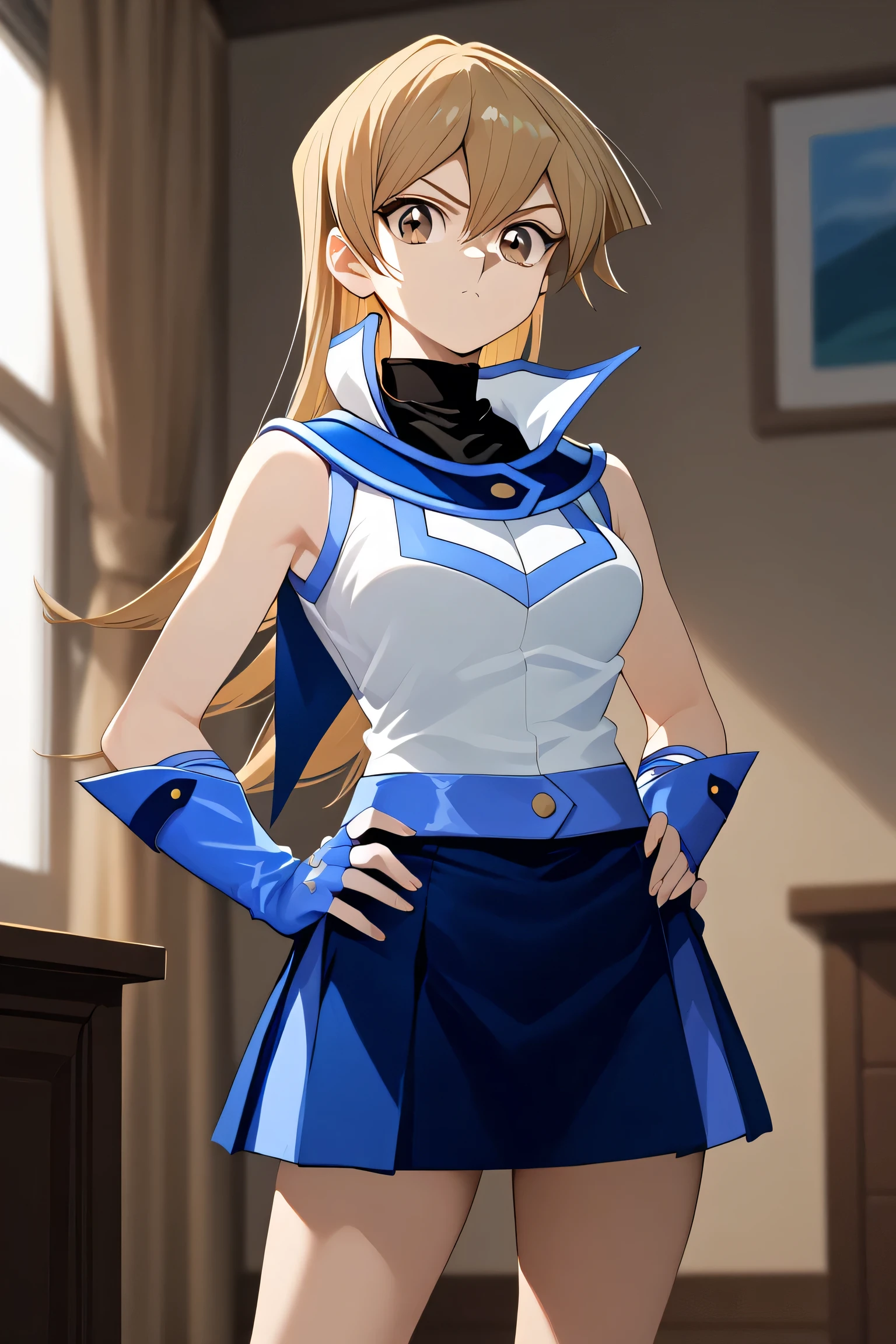 score_9, score_8_up, score_7_up, score_6_up, score_5_up, score_4_up, source_anime, aaasuka, long hair, blonde hair, brown eyes, breasts, turtleneck, white jacket, sleeveless, fingerless gloves, blue gloves, miniskirt, blue skirt, standing, cowboy shot, indoors, hands on own hips, pout,