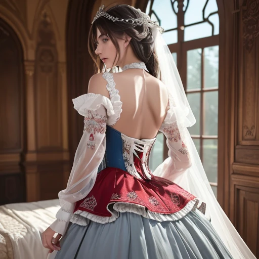 ((extremely detailed CG unity 8k wallpaper)), masterpiece, ultra-detailed, floating, high resolution, sexually suggestive, (, absurdly long white hair, princess, white mage, blue eyes, (ornate long white and red see through layered long dress with long detached wide sleeves and intricate embroidery), bridal veil, circlet, bridal gauntlets, blushing, shy, arched back, ruffled petticoat, ornate corset,