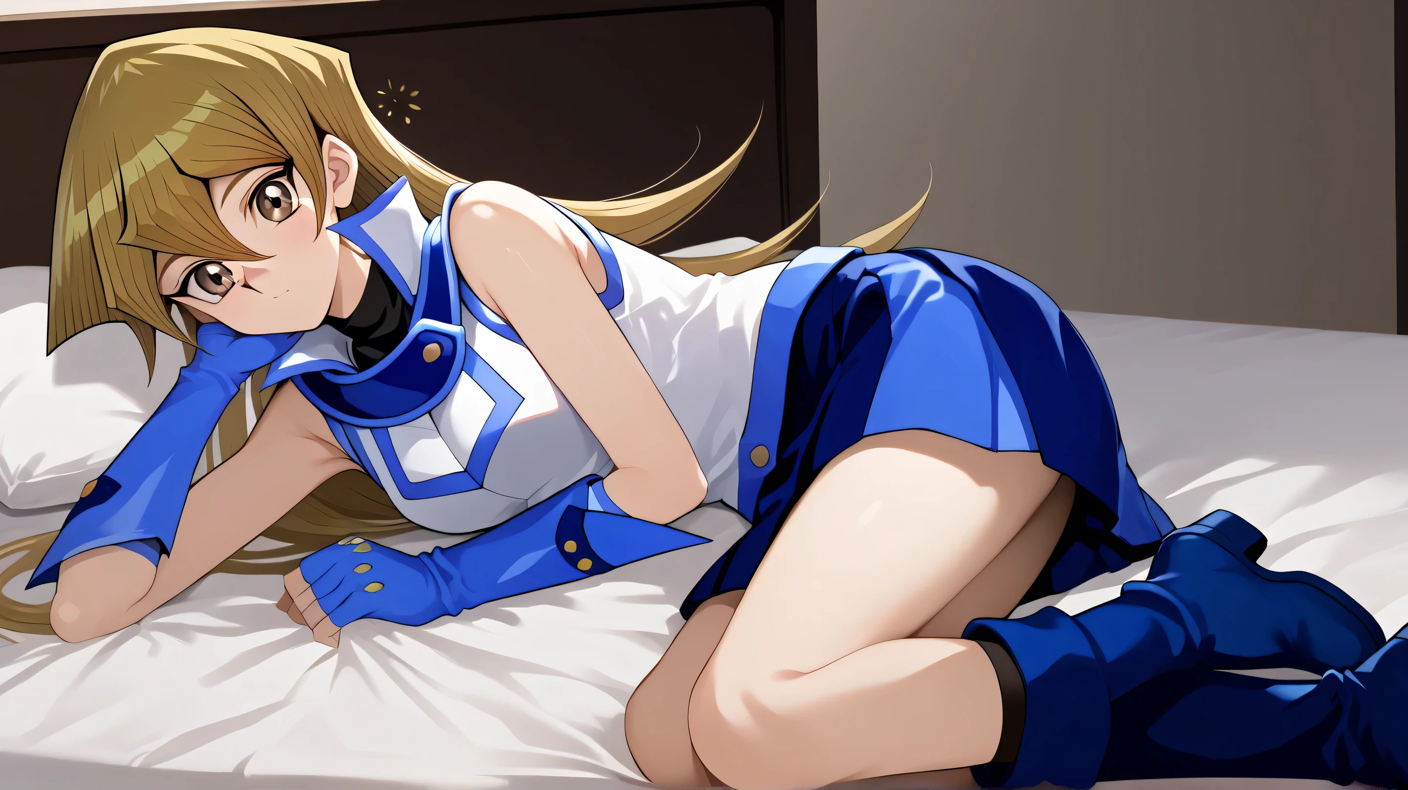 score_9, score_8_up, score_7_up, source_anime,
asukatenjouin, asuka tenjouin, blonde hair, brown eyes, hair between eyes, long hair, straight hair, very long hair,
blue footwear, blue gloves, blue skirt, boots, duel academy uniform (yu-gi-oh! gx), elbow gloves, fingerless gloves, gloves, jacket, miniskirt, skirt, sleeveless, sleeveless jacket, sleeveless shirt, white jacket,
indoors, bed, bed room, on side, blush, drunk,looking at viewer, cowboy shot, dutch angle,