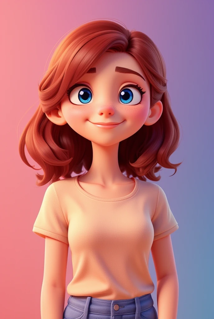 3D cartoon, woman, upper body, medoum hair, wearing a tshirt, 3d cartoon render, UHD, plain background