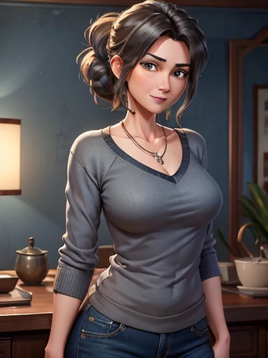 (Masterpiece: 1.0), Best quality, Aunt Cass Hamada from Big Hero 6, blue low-cut sweater, jeans, necklace, friendly expression, tall slender build, smaller breasts, grey hair in a ponytail, oil painting  