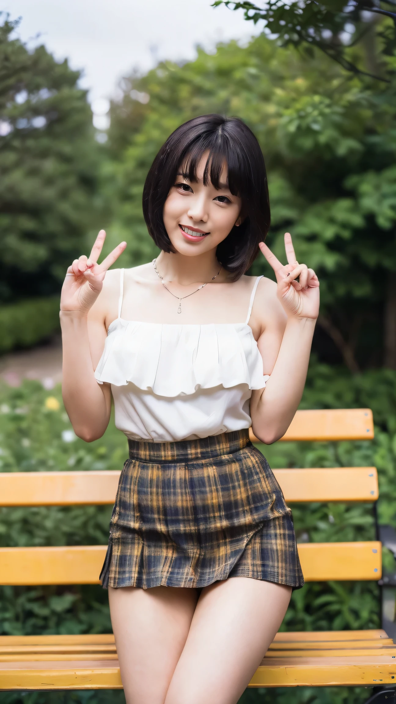 (((8k、     high definition    、    top quality  、     high definition    )))、  one girl 、  natural body shape、   white skin、   Natural Cosmetics 、   black hair、bangs、   long hair、   Ruffle Blouse、   high heels、 Yellow Plaid Pleated Mini Skirt、Big Breasts 、(  Bear Necklace Thigh  )、bench、  outdoor、   focus on crotch   、double V  、smile