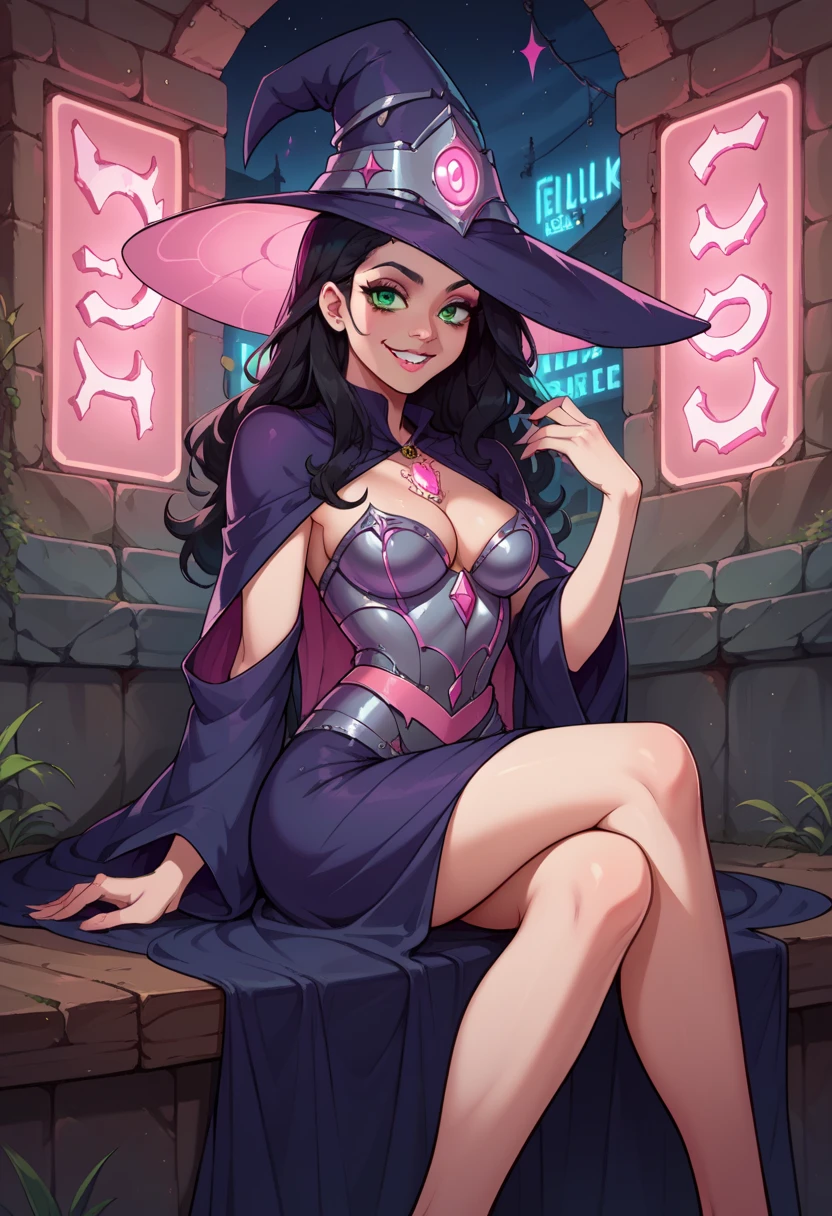 1 hot girl, dark skin, karma, green eyes, grin, gorgeous, short hair, purple transparent nightgown, makeup, milf, black hair, large breasts, tight body, standing, cowboy shot, jade dragon wings behind back, golden diadem with emerald gem, at ancient temple