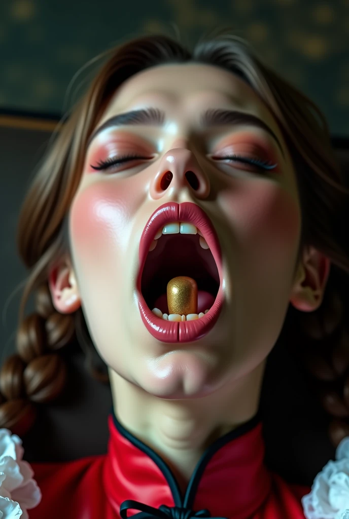 face focus,woman holding penis in hands,at nightclub,teary eyes,smile,open mouth,excessive cum in mouth,blowjob,black hair,bukkake on tongue,Mature Woman,eyelash,Look up,eyelash,wavy tied up hair,mole,sleeveless sweater,cumshot,cum on tongue,hyperrealistic,from above