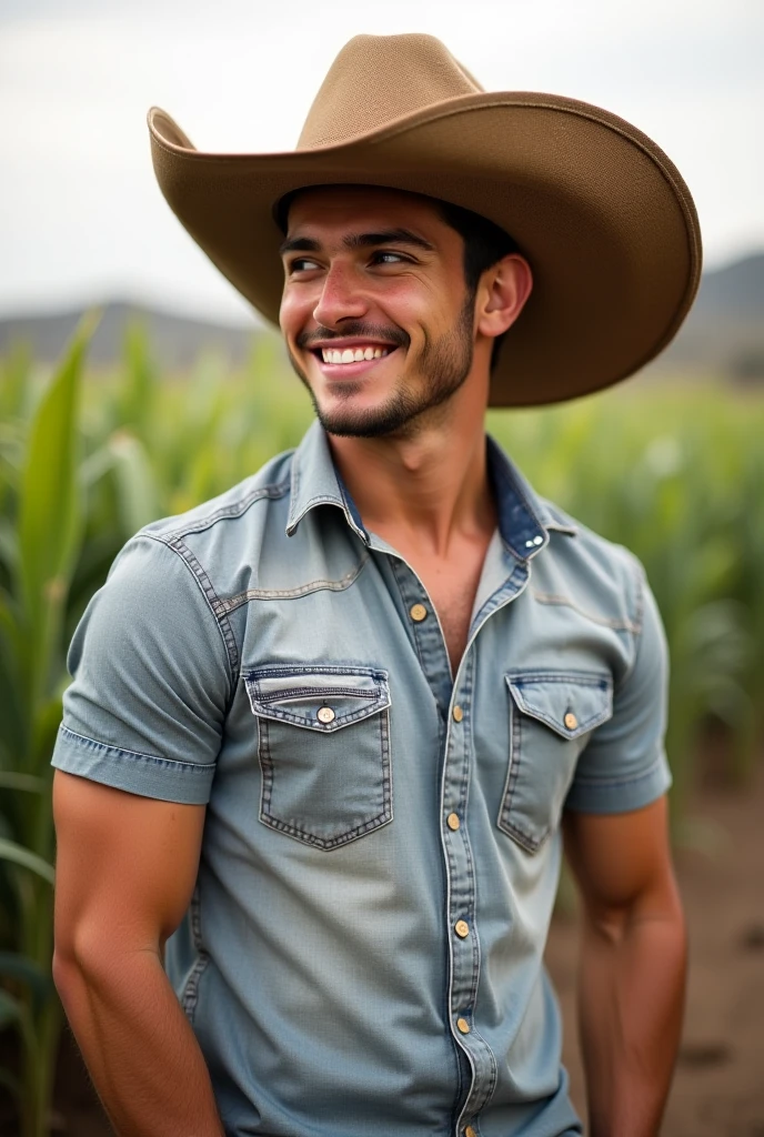 30 year old man,a handsome,open Jeans, no shirt, Work in the field, ardent, suntan, sweaty, carries a sheaf of hay, Cowboy on the Ranch,(Detailed eyes:1.3),BazleColor Eye,full bodyesbian