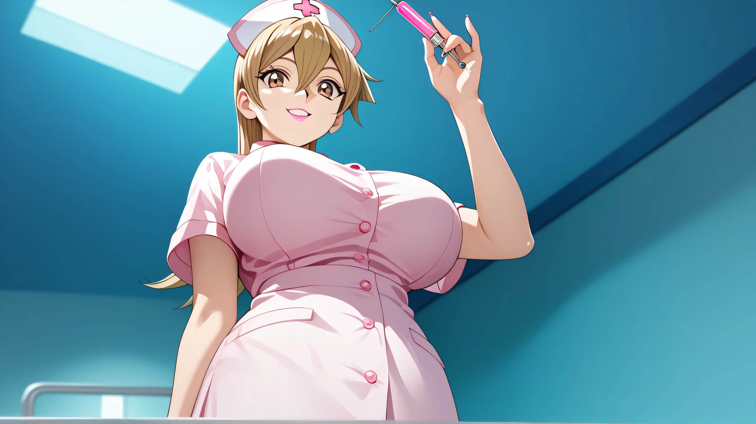 amazing quality,very aesthetic,absurdres,best quality,newest,masterpiece,4k resolution,1girl,solo,anime screencap,AsukaT,blonde hair,brown eyes,cute anime eyes,hair between eyes,huge breasts,yu-gi-oh! gx,pink lipstick,shiny skin,shiny hair,pink nurse uniform,nurse cap,infirmary,indoors,holding one syringe,from below,evil laugh,hospital,standing,