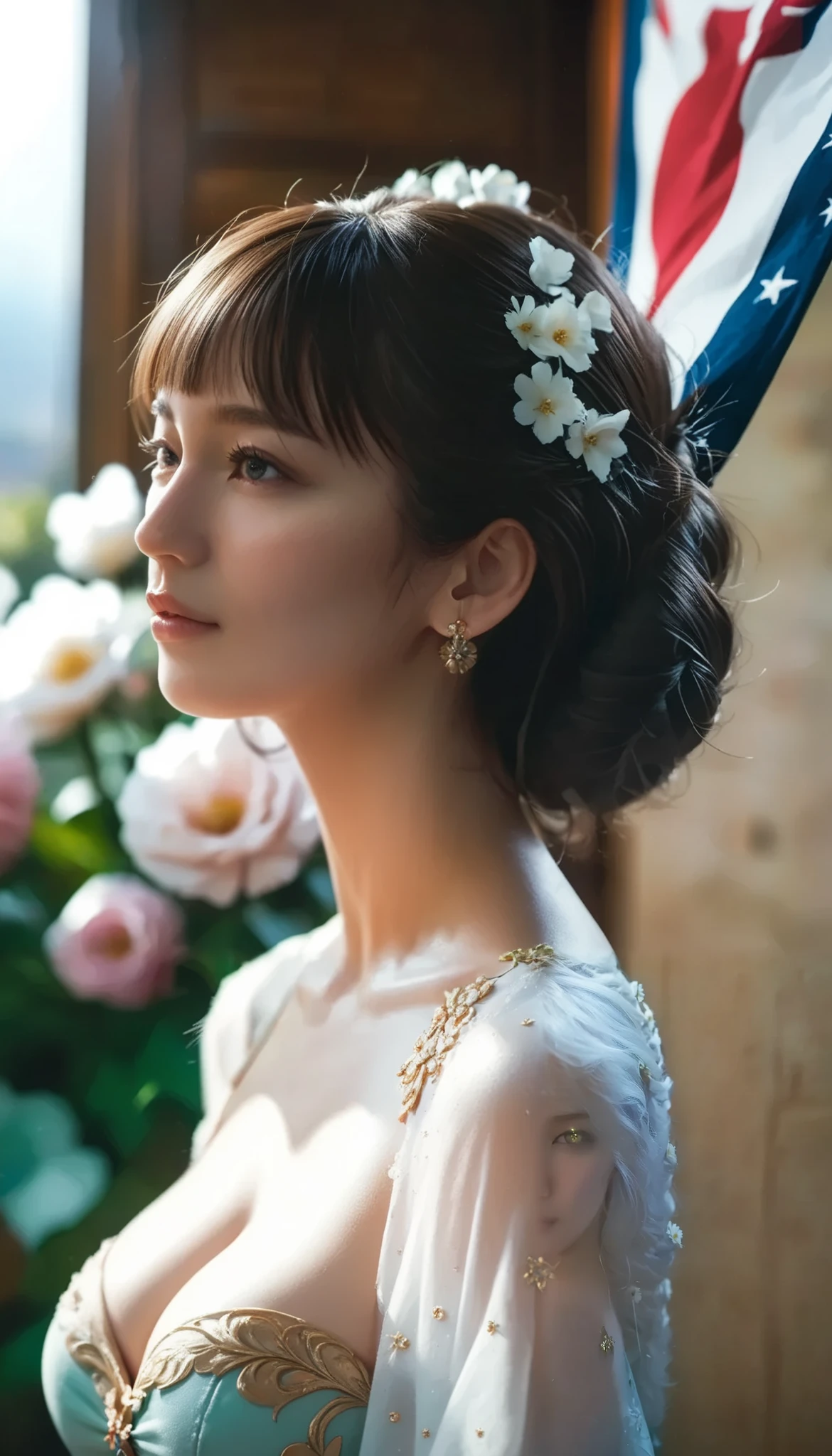 Myanmar girl A voluptuous, shapely bust Myanmar Dress Highly detailed flower painting , side shot , Banner written with Soft Lighting Glow Effect , Cinematic Look , beautiful hair,