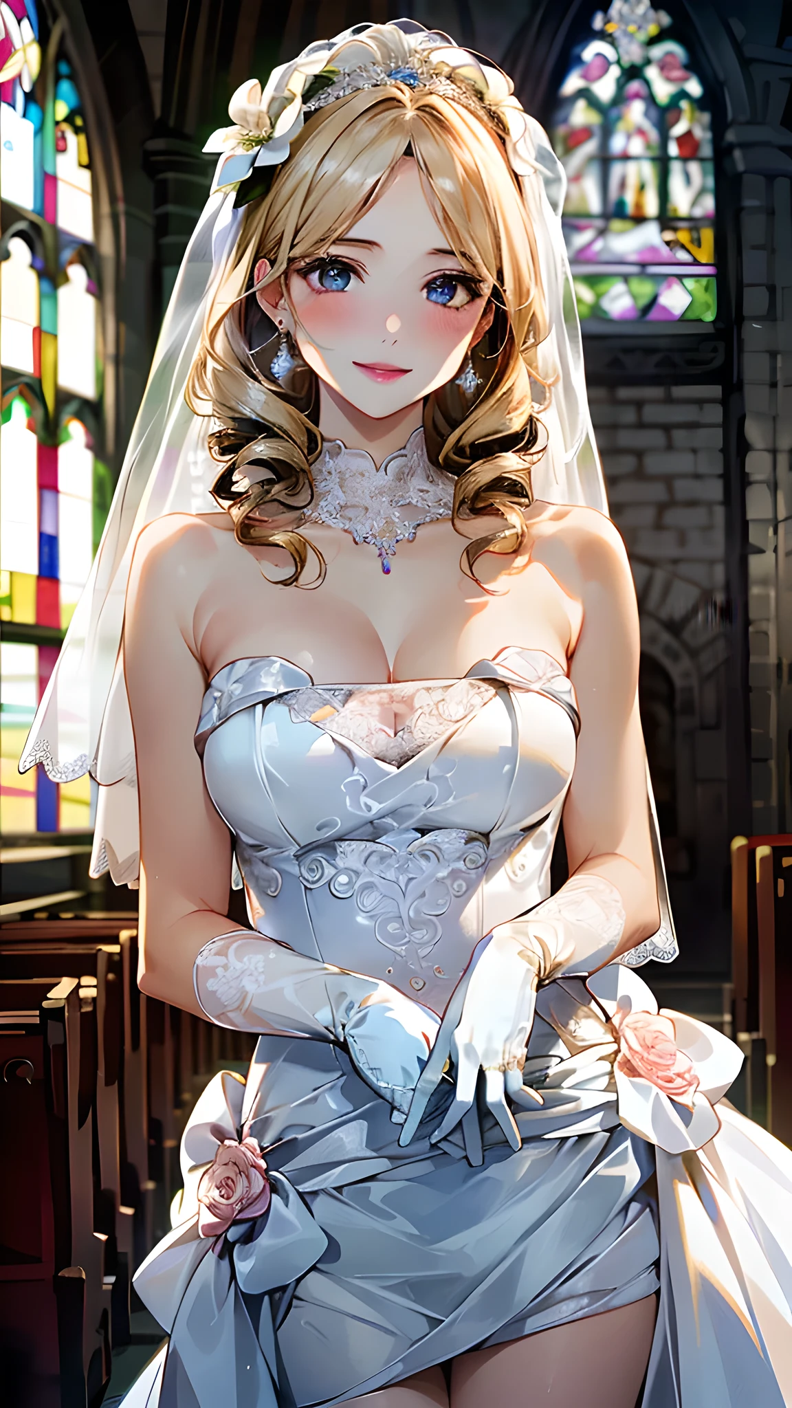 (masterpiece:1.2, top-quality, ultra high res, ultra detailed), (realistic, photorealistic:1.4), beautiful illustration, (natural side lighting, movie lighting), depth of fields,
looking at viewer, bust photo, 1 girl, 16 years old, perfect face, (perfect anatomy), cute and symmetrical face, baby face, shiny skin, slender
(long hair:1.8, drill hair:1.7, blonde hair), parted bangs, blue eyes, pink lips, long eye lasher, (large breasts:1.3), 
beautiful hair, beautiful face, beautiful detailed eyes, beautiful clavicle, beautiful body, beautiful chest, beautiful thigh, beautiful legs, beautiful fingers, 
(detailed cloth texture, wedding dress:1.5), 
(beautiful scenery), evening, crystal clear sunlight, (church, stained glass) standing, (happy smile, blush), 