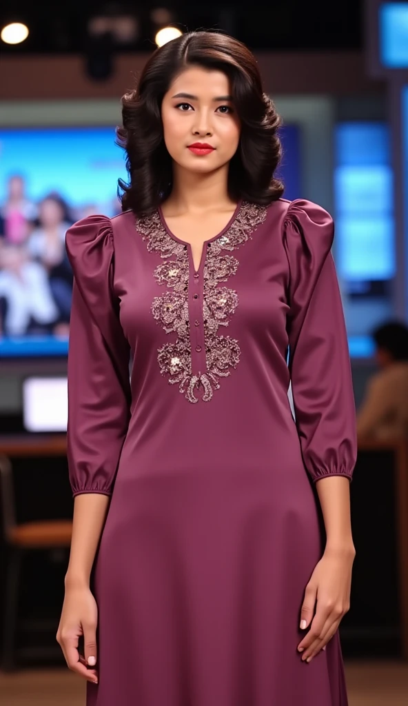 in the background of a bustling newsroom, a tall woman with an hourglass figure stands confidently in front of the camera. she wears a striking mauve kurti made of satin with a foil mirror work design that catches the light beautifully.the kurti features three-quarter sleeves and exaggerated puffy shoulders, adding to her commanding presence. her bold expression conveys authority and poise, perfectly suited for the dynamic environment of news broadcasting.