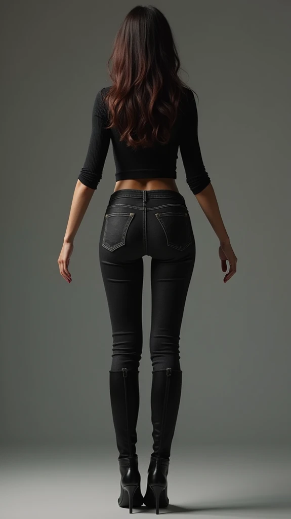 kaisha，ultra-high-resolution，pphotorealistic，Photorealistic， imagination， （realisic），black extremely tight jeans， composition， （HDR：1.5）， Complicated details，lifiting shirt，Over-the-knee boots，Long legs，Whole human body，8K，to stand，Spread your arms，red lip，Back，stooped，Peach buttocks，Pout your ass，