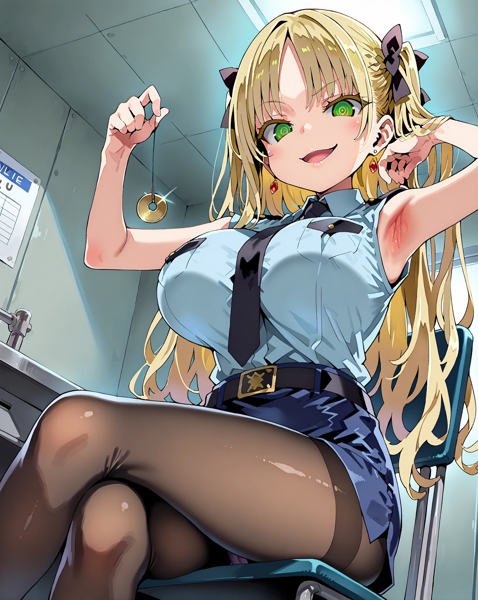 score_9, score_8_up, score_7_up, 1girl,solo, style asanagi, seduce,seductive, beautiful smile, smirk, breasts, large breasts, interrogation room, torture room, she is holding a pendulum in one hand \(hypnotist holding a pendulum\), ((holding pendulum)), holding string, perfect hands, one hand up, armpit focus, open mouth, smirk, looking down at viewer, sitting on a chair, masterpiece, high quality, absurd resolution, beautiful hands, ringed eyes, sleeveless, police woman costume, short skirt, pnantyhose, panties over pantyhose, view from below, evil face, oppai loli, petite, aatelestia, long hair, blonde hair, hair bow, earrings, green eyes, 