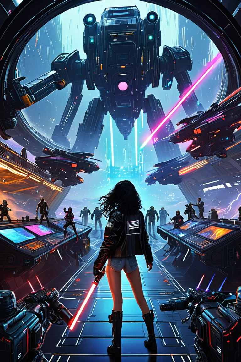 I want you to create a cyberpunk space landscape ,  with a beautiful girl with wavy black hair facing 3 robots in a fight with lightsabers ,  with a man jumping on top of the robots wearing a black jacket and shooting with two light guns, all this inside a ship in front of a black hole using flamboyant colors and a cyberpunk style