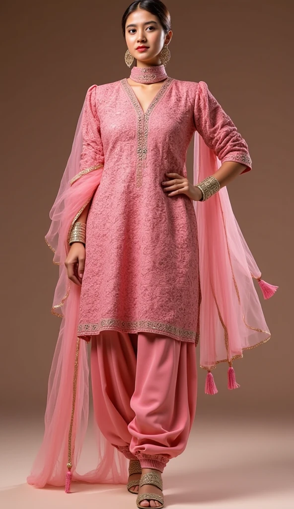 This woman in Pink Pure Kattan is a must have this season.  This dress have long shirt with Puffy shoulder and Churidar bazu embellished with mirror and stone work lace and golden tari fabric piping. It has churidar trouser and Its dupatta is oraganza golden tari embellished dupatta with mirror and stone lace work.  Its also have four heavy tussles on four corners with matching pouch.