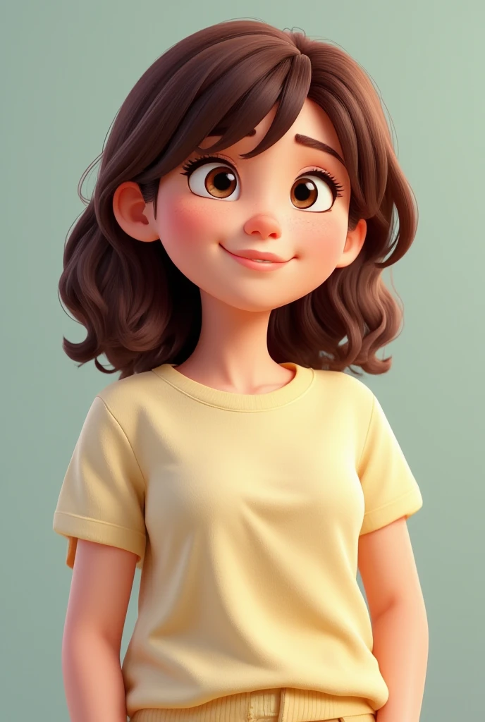 3D cartoon, woman, upper body, medoum hair, wearing a tshirt, 3d cartoon render, UHD, plain background