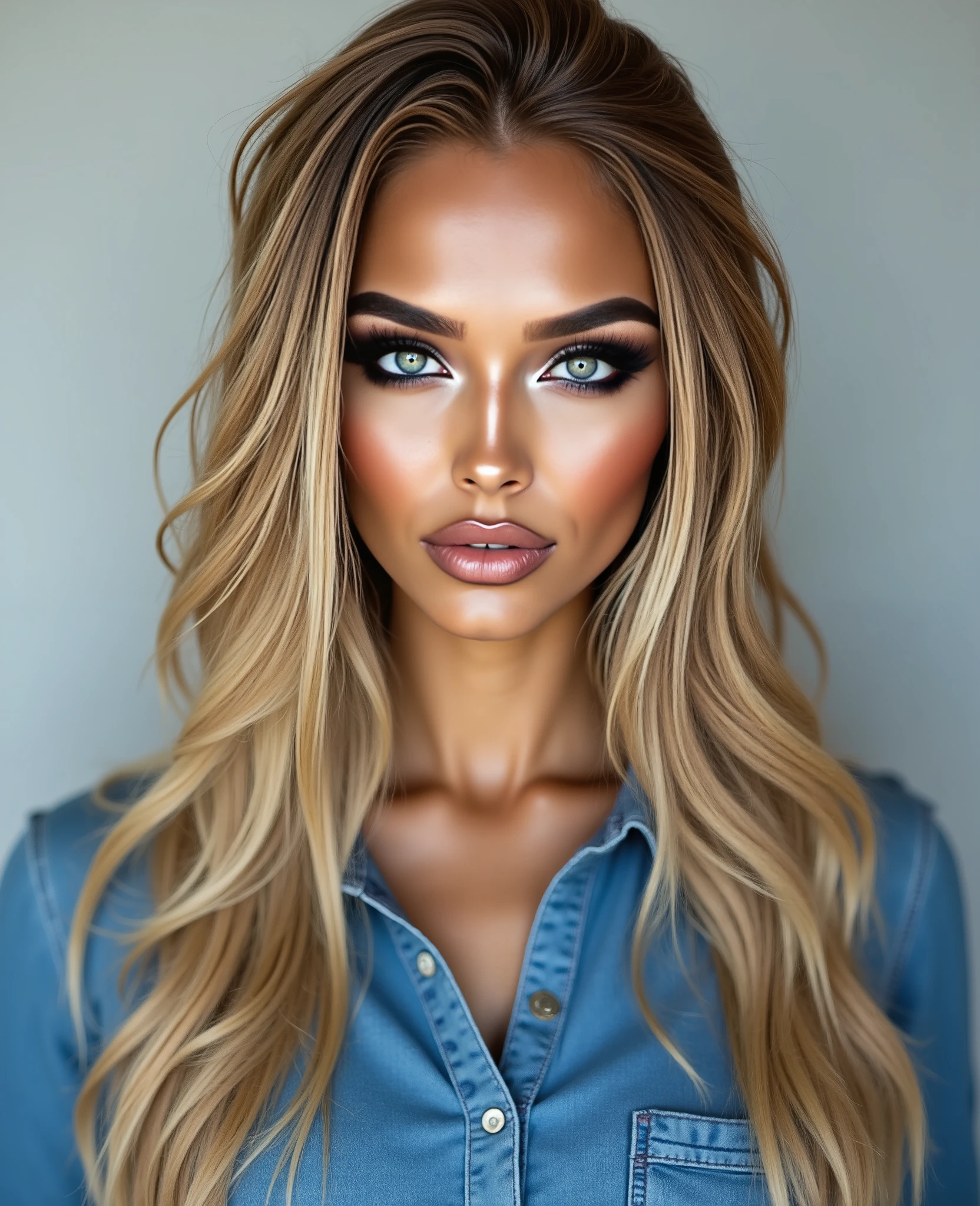 photo of a woman, heavy makeup, long blonde hair, high quality, serious face, wearing a casual blue outfit, yearbook photo, direct eye contact