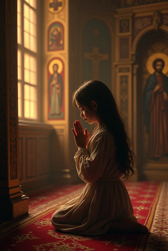 In a realistic picture, a poor servant girl is in the church. She is barefoot. Her face is visible. She using the prayer bench.