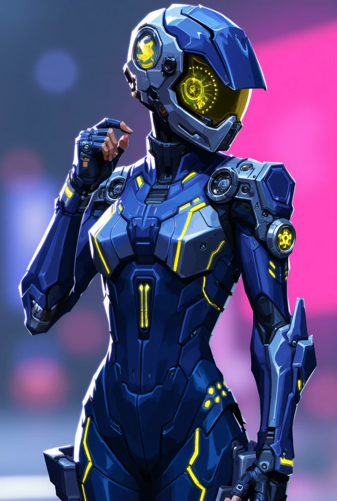 valorant style, stylized digital illustration, TEMPO wears a midnight blue asymmetrical racing suit with pulsing neon yellow pinstripes. Her right arm features heavier plating with exposed, glowing chronograph mechanisms, while her left remains sleeker. Her signature helmet is an angular racing/tactical hybrid with a split-retractable visor, decorated with subtle Malaysian patterns. The chest piece is asymmetrical, with prominent armor on one shoulder housing momentum tech. Vintage watch parts are integrated throughout the suit, all glowing with yellow energy. High-tech boots with tire-tread patterns complete the look, leaving faint light trails as she moves.