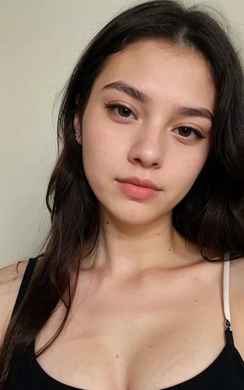 a magnificent young woman in her twenties, with Latino features. She has long, straight black hair that falls loosely over her shoulders. Her face has soft and balanced contours. She has large, well-defined dark brown eyes with long, thick eyelashes and well-arched black eyebrows. His nose is straight and slightly refined, proportionate to his face. Her lips are full and defined, with a natural color, and they are closed, contributing to her neutral expression. Her skin is matte, smooth and without visible imperfections. She takes an overhead selfie with an iPhone camera. She is in blue transparent lingerie