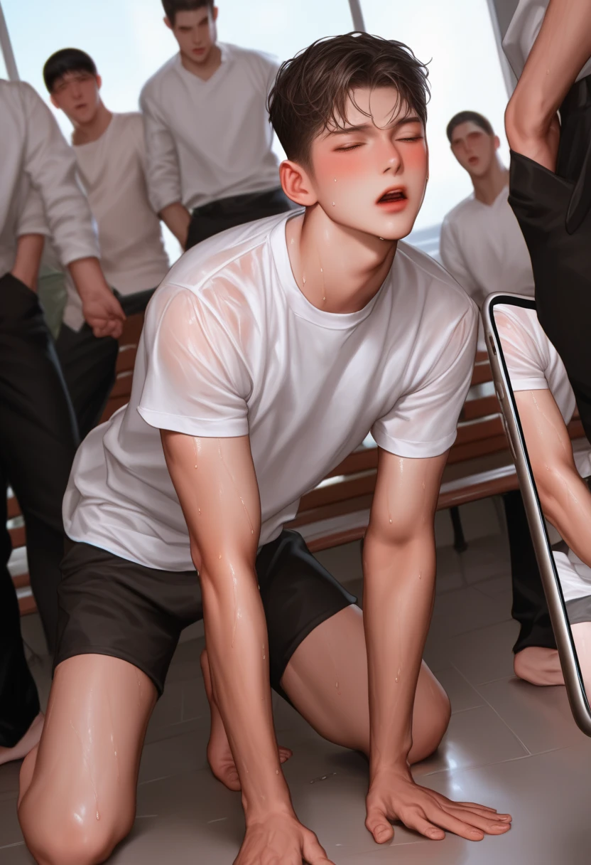 一个成熟男学生In the classroom里， surrounded by a group of male classmates , kneeling on the ground， blush， Sweating，Open your mouth,  masterpiece,  best quality ,  high resolution on the bench,  is anatomically correct, [ boy standing naked on all fours ,  sweating , barefoot,  white t-shirt wet clothes， clothes are in shabby ，Brightening skin ,, Forehead, Bob,  muscular body ，Strong male classmates , photo,Photo vibrator  , 5 men:2.0,  dominated by men :2.0, In the classroom，Playing with mobile phone，Photograph