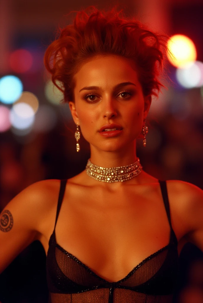 (best quality,4k,highres,ultra-detailed,realistic:1.2), a blond girl, huge breasts,enormous chest,pixie cut hair,flat abs, red lace bra, earrings , necklace,red lips, in the street at night, neon lights and advertising, close-up portrait