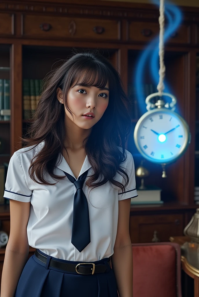 Beautiful japanese girl, wearing a self-defense officer uniform(White short-sleeved shirt and  navy blue tie and short sleeve and navy blue and pencil skirt), black patent high heels, she sitting in a classic study as the pocket watch hangs from just outside the frame, The pocket watch occupies 40% of the frame positioned in the center right slightly overlapping her face, Her gaze peels to the center of the pocket watch, The blue light spreads outward in multiple rippling arcs surrounding the pocket watch, The pocket watch is blurred, The scene has a mysterious hypnotic atmosphere with bookshelves and antique furniture in the background, sensual, enraptured, brown hair, bangs, floating hair, parted lips, unconscious, torogao, long hair, blurry foreground, cowboy shot, Surrealism, UHD, retina, masterpiece, accurate, anatomically correct, textured skin, super detail, high details, high quality, best quality, highres, 1080P, HD, 4K, 8k, 16k