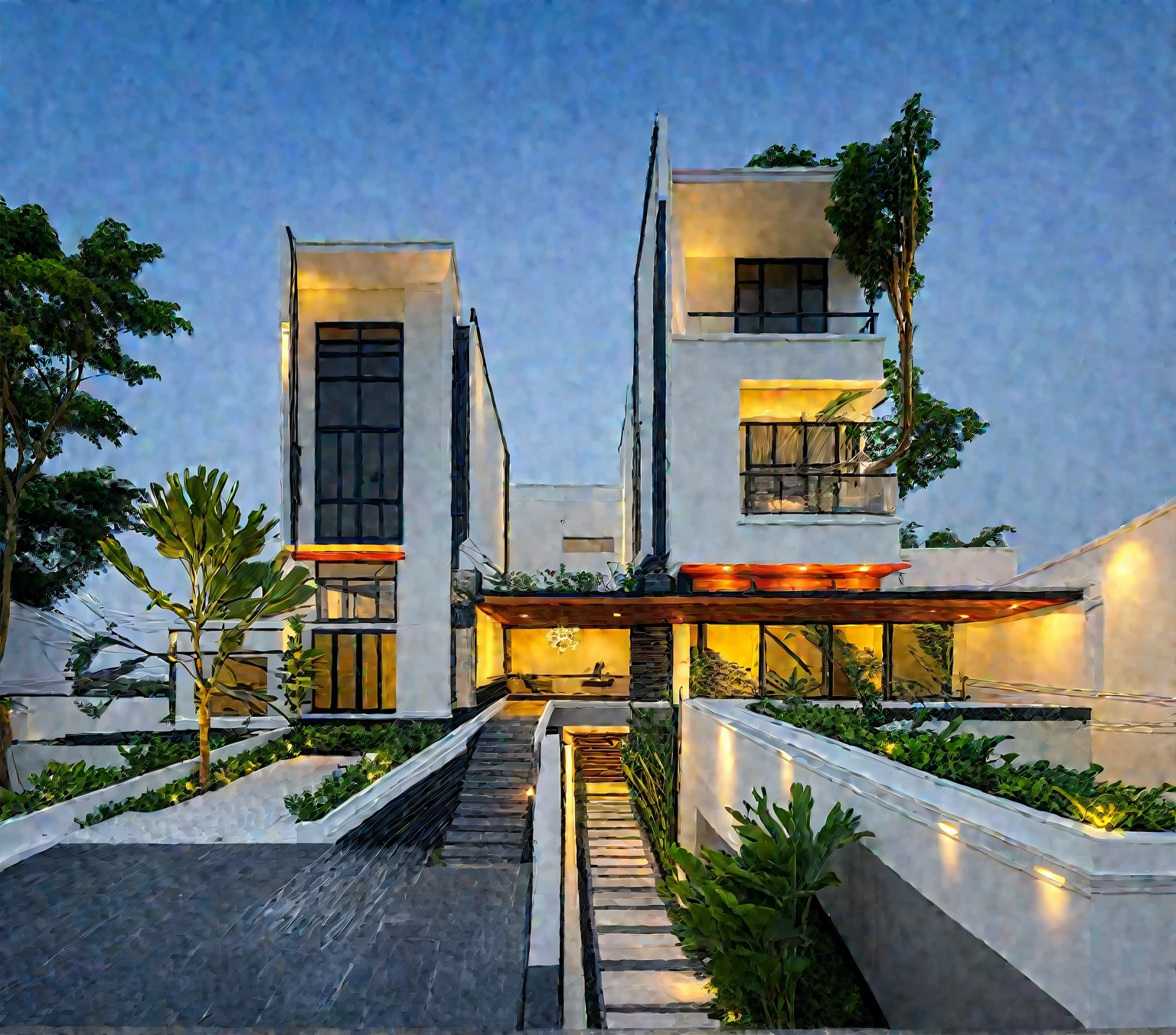 (masterpiece:1.2), best quality, photo of A two-story modern house in VietNam with white walls and dark tiles on the roof., tree and plant environment,daylight, streetcapes, natural light, vivid color, The exterior of an elegant single family home features large windows, a dark gray door frame.