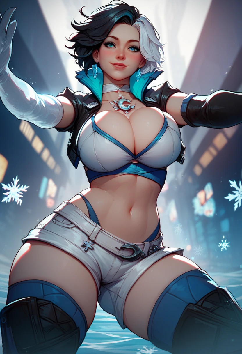 snowy landscape, straight body female, slim, fit, light skinned female, dark hair, ponytail, ski jacket, open jacket, navel, ab lines, closeup, sparkles of ice in hair, bright green eyes, vibrant colors, teal and yellow jacket, ski poles, ski pants, (((rich textures))), ((extremely detailed)), ((more details)), (((masterpiece))), (((best quality))), (magical effects), (glow), (((saturated colors))), (bright colors), (vivid colors), rpgcardstyle