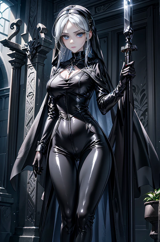 Masterpiece, Professional, High Definition - quality, sharp focus, perfect artwork, Best Illustration, trending on artstation, UHD, 4k, full body, NSFW
full body view, mature face, defined cheekbones, long hair , Perfect Beautiful , robot Face , chrome skin , silver arms, silver face, silver legs, android woman , metallic android , long Hair , Black Gothic Nun Dress , Athletic Body , metallic legs , Realistic Lighting , Gothic Makeup , Posing Like a Model , Look at Viewer, cool lighting, cool ambiance light, high cheekbones, muscular, sexy bimbo, gigantic breasts, detailed face,beautiful woman, shiny skin, scribbles and marks, puffy lips ,