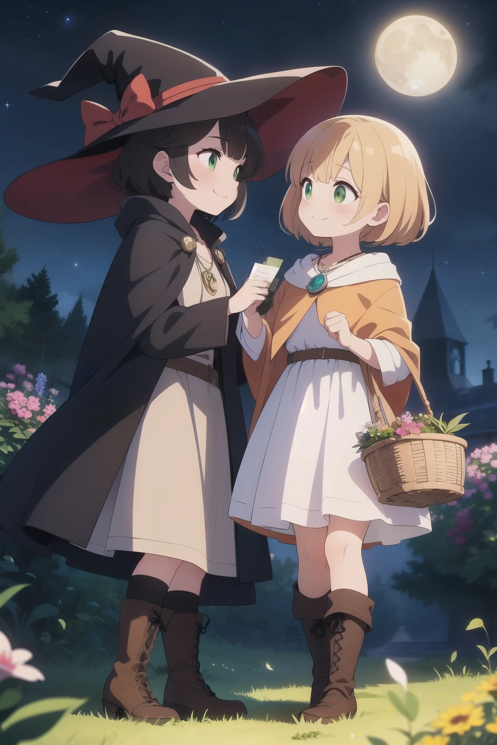1girl in,Witch,Long hair, Blonde hair, Witch Hat,Red Eyes,Puffy sleeves,Dress, Short sleeves,Smile、pretty pose、up of face、Eye Up、Flowing iridescent silk、There are flowers even in front of you、flower petals、season!!: 夏天☀ 🍂