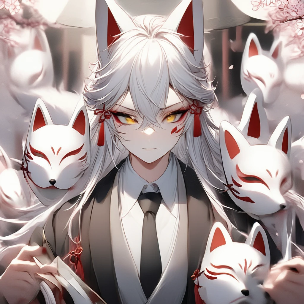 A man wearing a fox mask、cherry blossoms、 multiple torii gates、 black tie、Black jacket、 white shirt、 portrait、All faces are masks、Hold it down with your hand 、White fox mask