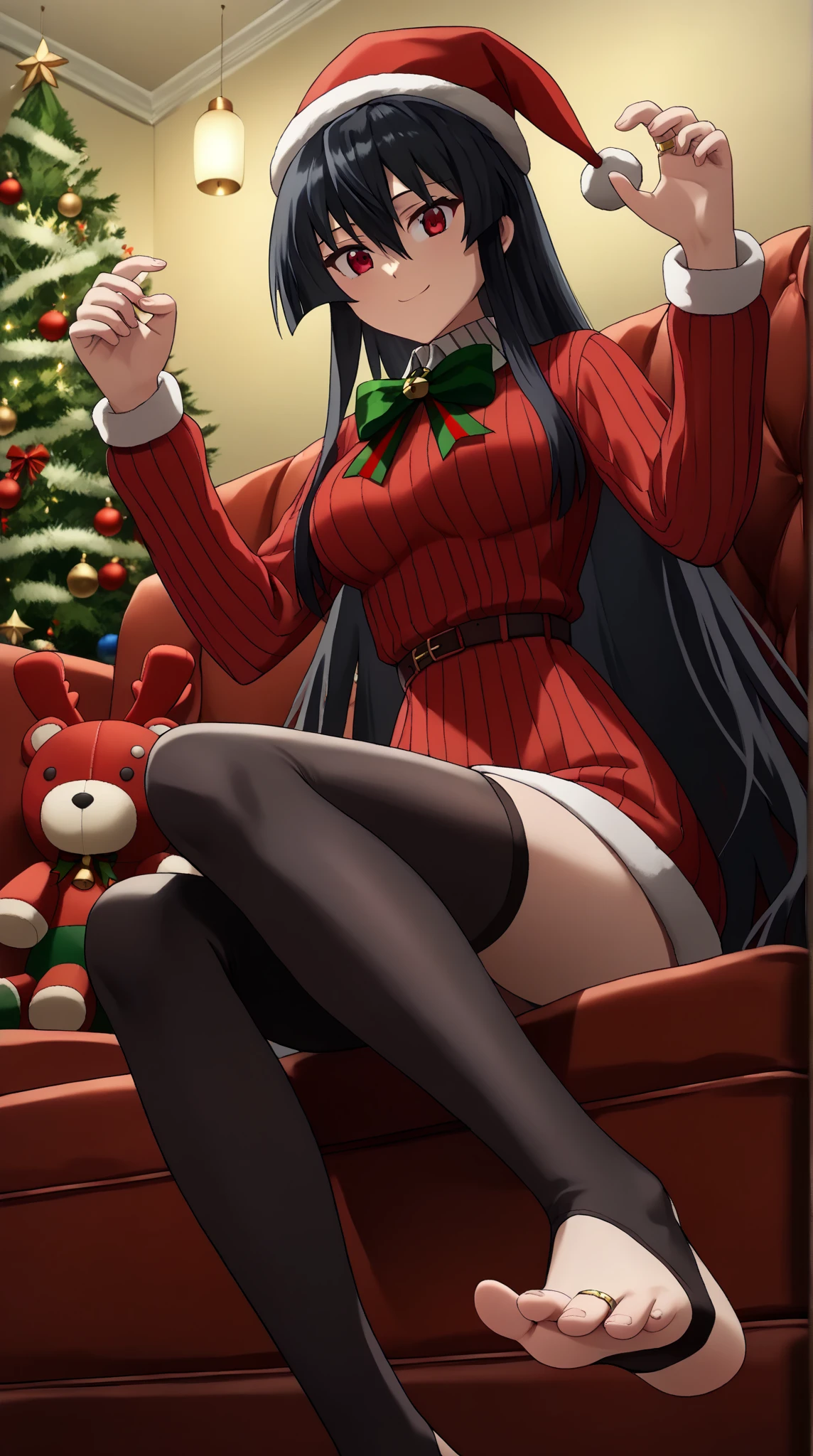 Long wavy dark hair with bangs ((looks like 20yr old Bettie Paige)), bangs hair, (( 30 yrs old MILF))) with a much younger () handsome male wearing typical teen male clothing, babe with fitted short black a-line flare dress, black holiday dress, (((female wears skimpy dress with black ultra sheer high gloss pantyhose))), sitting on floor with her legs open wide, couple sits by a Christmas tree and he lifts her skirt, legs are open exposing her seamless pantyhose crotch, male caresses her, he fondles her touching her pantyhose crotch, she wears no shoes exposing her cute pantyhose feet, UHD