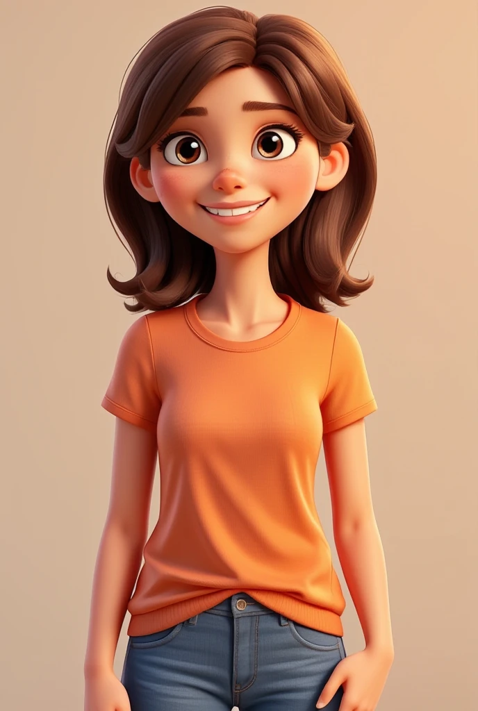 3D cartoon, woman, upper body, medoum hair, wearing a tshirt, 3d cartoon render, UHD, plain background