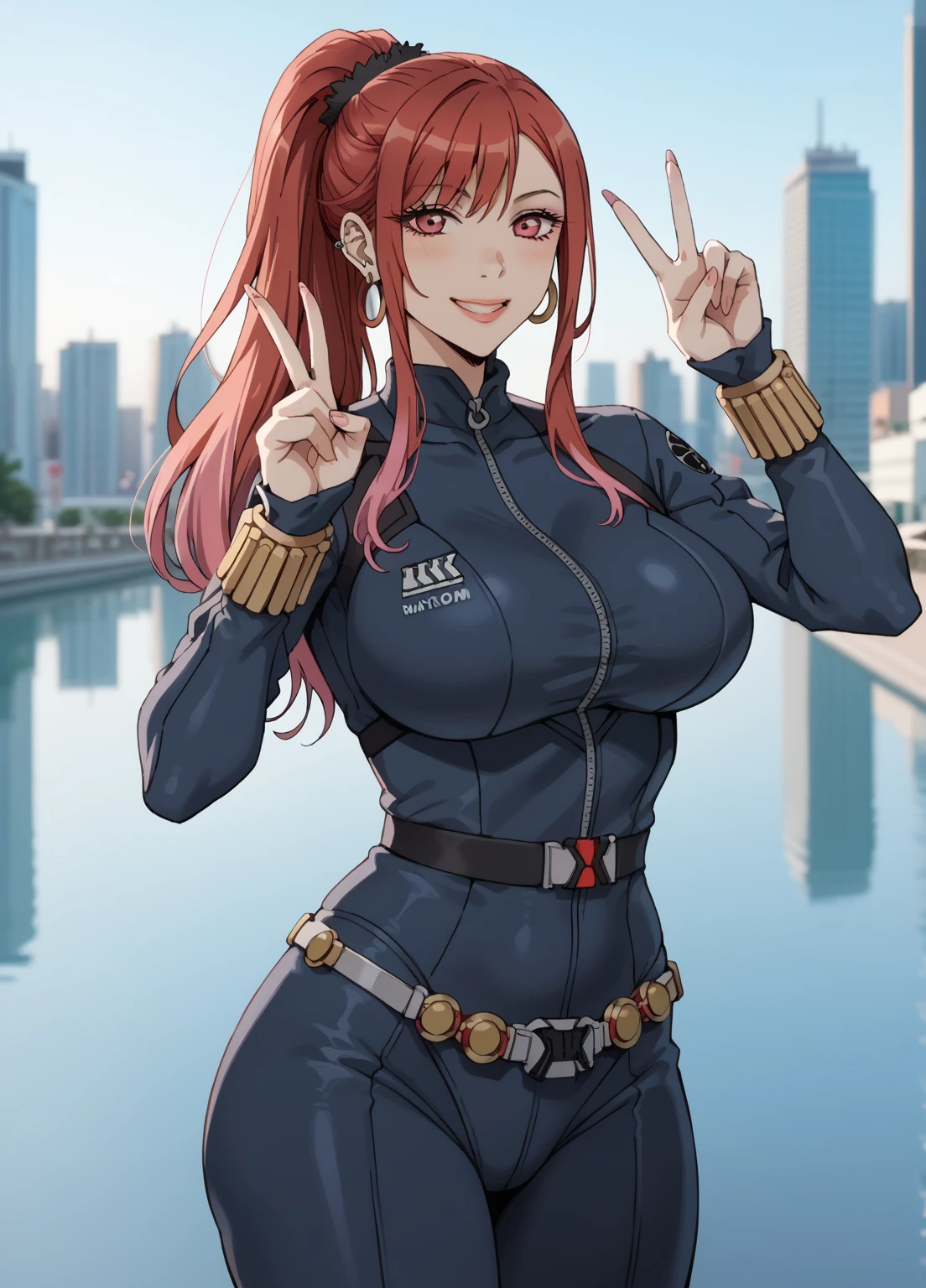 KJOmarin, red hair, ponytail hair, pink eyes, earrings, ear piercing, multicolored hair, score_9, score_8_up, score_7_up, source_anime, masterpiece,best quality, huge breasts, wide hips, big ass, big round butt, cosplayer, cosplaying black widow, smile, double peace pose, city, evening, blurry backgrounds, simple backgrounds 