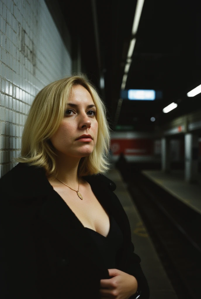 A cute, blonde, 45 year old mom. Looking worried. Great breasts. A Muslim teenage thug with a big grin is groping her breasts. On an abandoned subway platform. Night time.