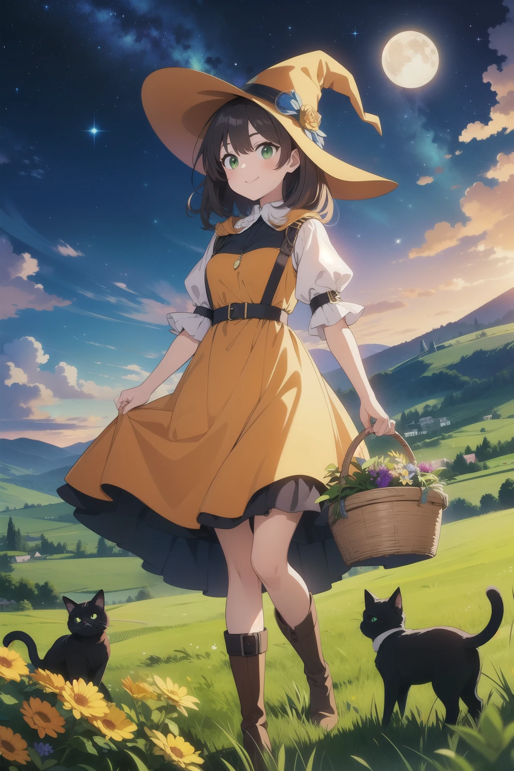 Best illustration, best quality, colorful witch around who carries a large basket containing various kinds of medicinal herbs, beige dress, orange cloak, dark brown long boots, green eyes, smile, Bluestone Pendant, night, starry sky, moon, buddy black cat, grassland, colorful flowers, extremely fine and beautiful colors, 8k resolution, amazing surprise, dynamic lighting like in movies, eye contact, highest resolution 